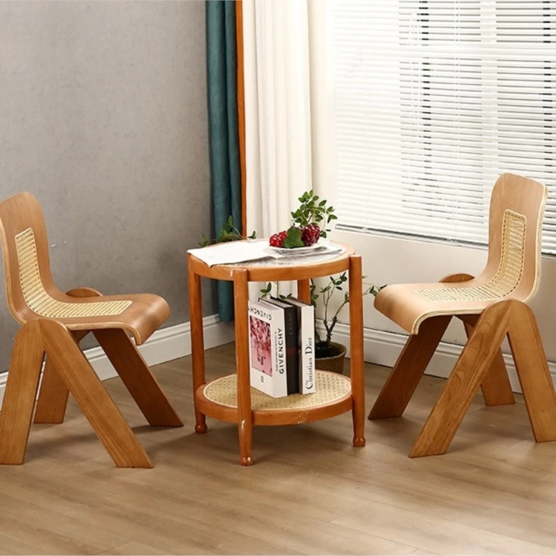 

Light Luxury Retro Rattan Ins Simple Antique C Chair Solid Wood Backrest Dining Chair Single Rattan Seat