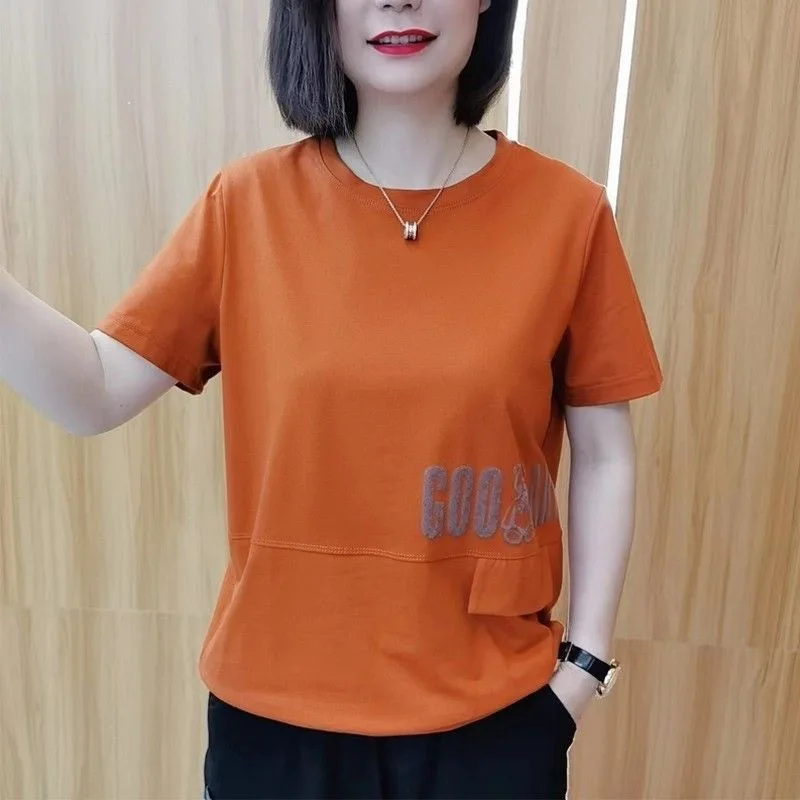 Women New Summer Loose Appear Thin Round Neck Pocket Short Sleeved Fashion Westernization Solid Color Large Size All-match Tops