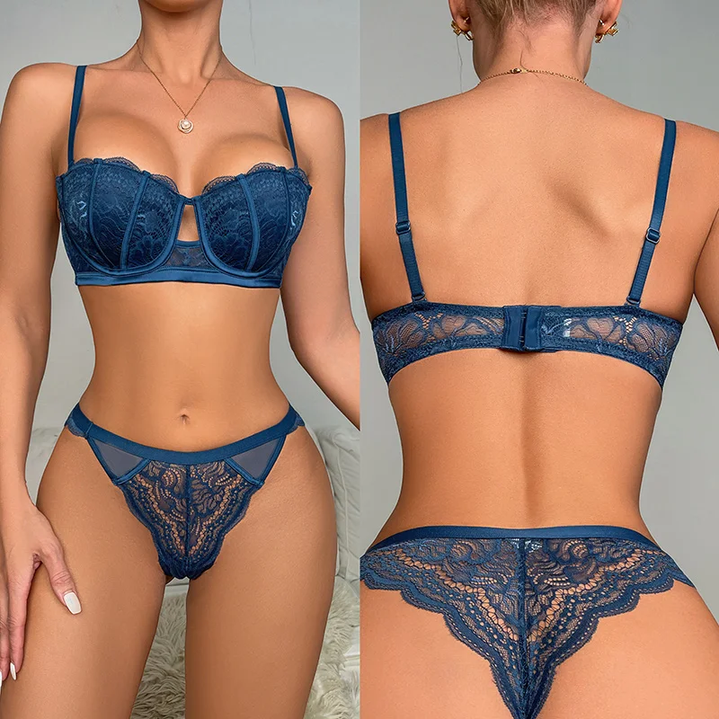 Sexy Lace Underwire Push Up Lingerie Contour Bra And Panty Sets For Women 1/2 Cup Gathering Chest Underwear Hollow Out Bralette