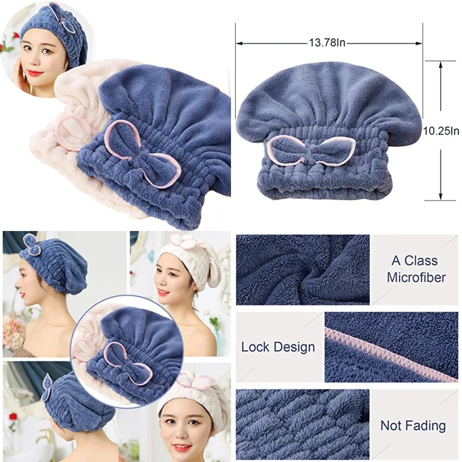 

2PC Microfiber Hair Drying Caps, Extrame Soft & Ultra Absorbent, Fast Drying Hair Turban Wrap Towels Shower Cap for Girls and Women