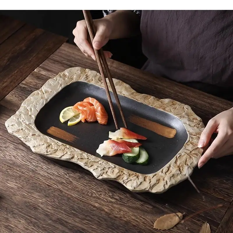 Ceramic Dinner Plate Irregular Texture Shallow Dessert Sushi Plates Sashimi Specialty Tableware