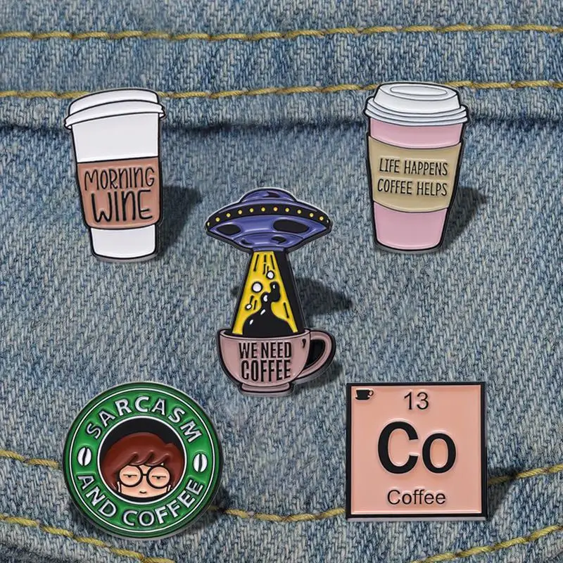 Coffee Enamel Pins Custom Morning Wine Brooches Lapel Badges Funny Coffee Mind Jewelry Gift for Kids Friends Powered By Iced