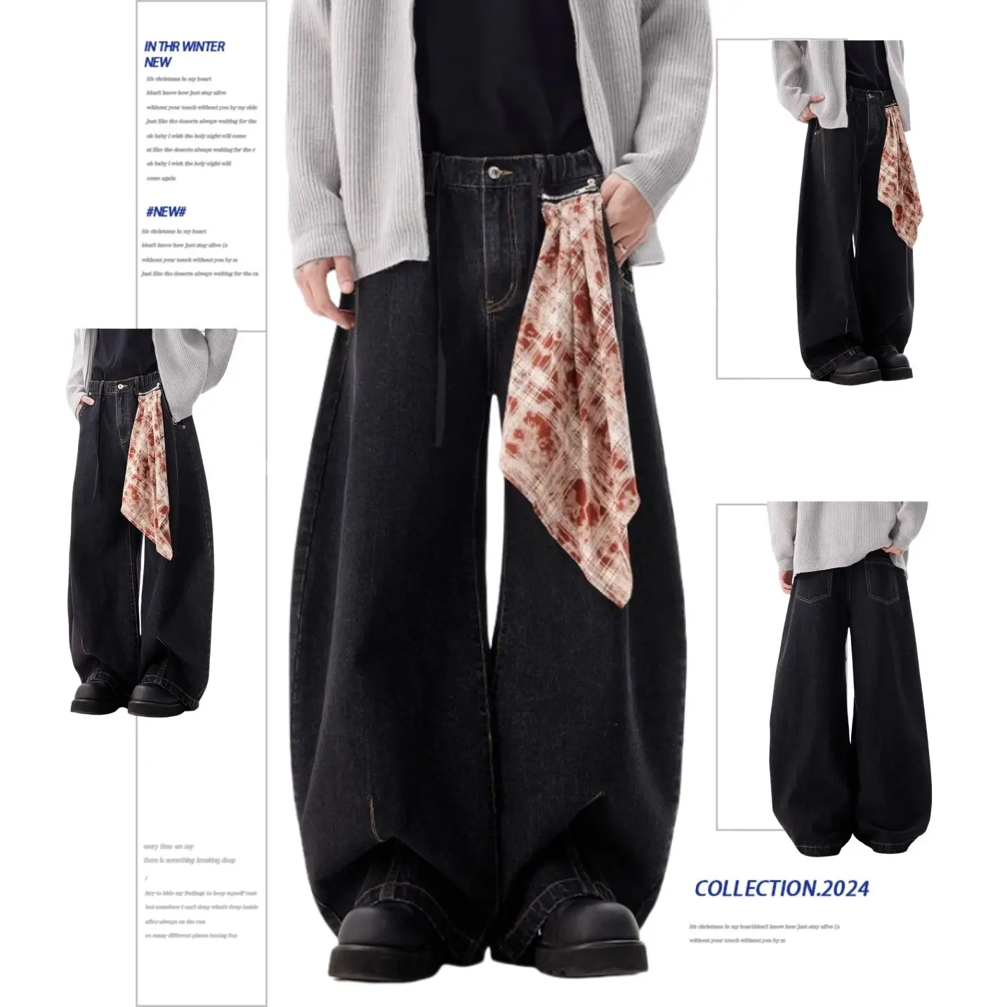 Splicing Red Handkerchief Jeans High Street Straight Leg Fashion Y2K American Oversized Women's Loose Bent Knife Pants New