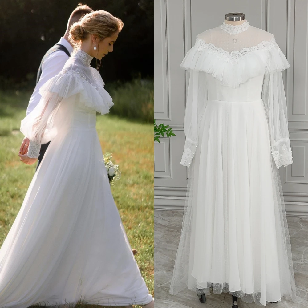 20030# Customzied Vintage Victoria 1970s Tulle Wedding Dress Elegant Women Long Sleeves High Neck Bridal Gown For Party