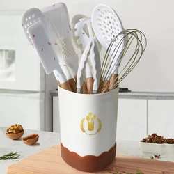 11Pcs Silicone Kitchen Utensils Set Non-Stick Cookware Kitchen Wooden Handle Spatula Egg Beaters Kitchenware Kitchen Accessories