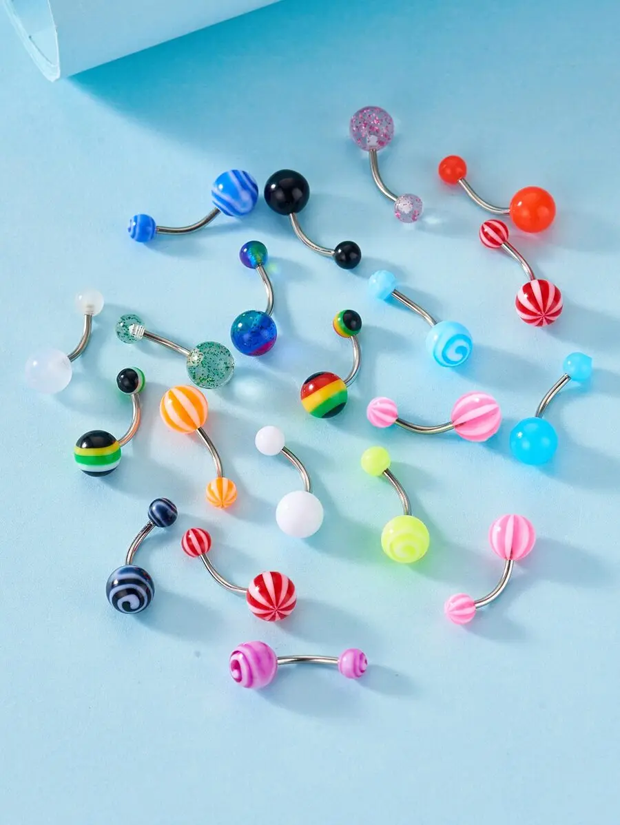 

20pcs Mixed Acrylic And Resin Curved Belly Bars With Vibrant Swirl Striped Glitter Ball Ends
