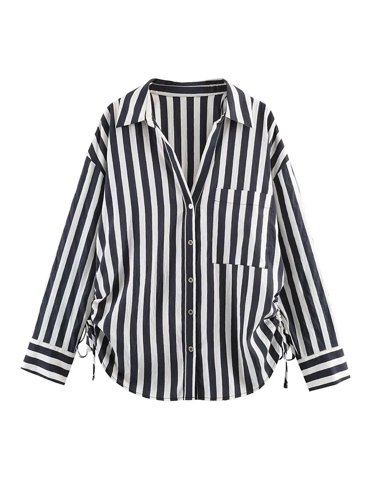 HH Women's Spring Fashion Vintage Lapel Lace Striped Shirt Female Temperament Simple Casual Pocket Decorated Long Sleeve Shirt