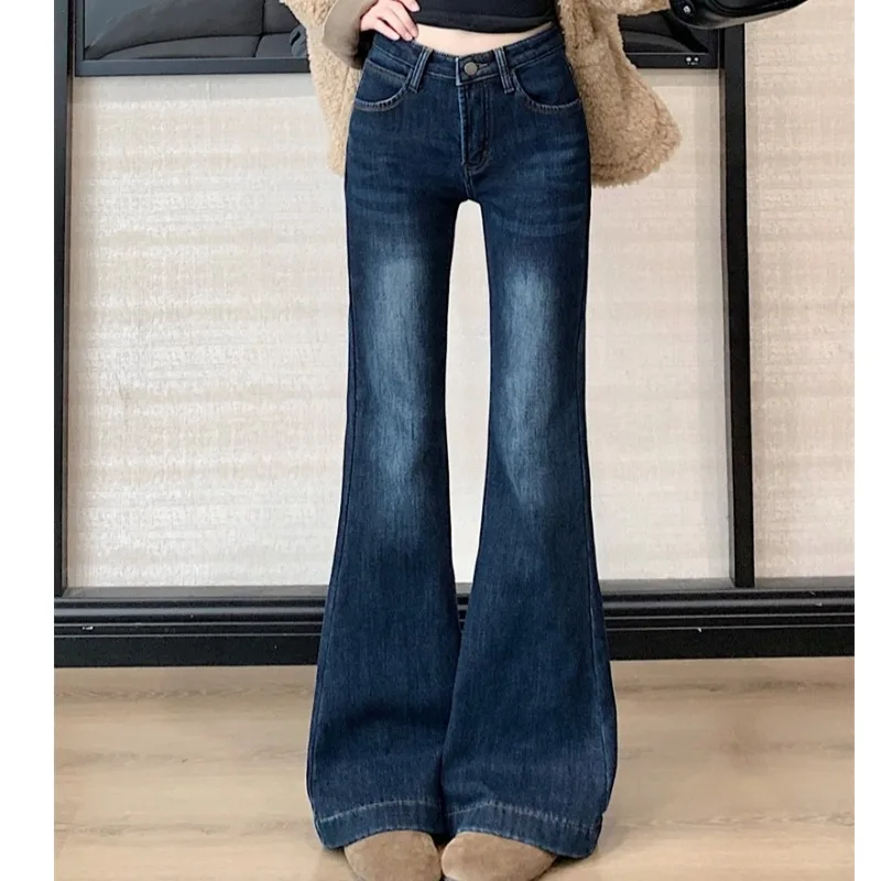 

Утягивающие универсальные джинсовые брюки средней высоты с высокой талией, расклешенные длинные брюки, осень-зима, новые женские модные джинсы