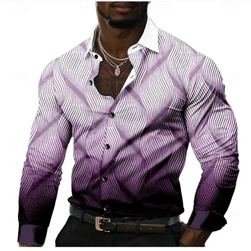 Kemeja Kasual Pria 2026 Motif Garis Formal Musim Panas Semi Gugur Kerah Lipat Lengan Panjang Hitam, Hijau Ukuran S-5XL Besar Pengiriman Cepat