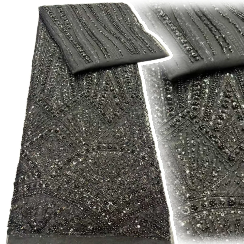 

African Lace Fabric 2025 Handmade Beaded Lace Fabric France Sequins Nigerian Embroidery Bridal Mesh Lace Fabric for Sewing 1741