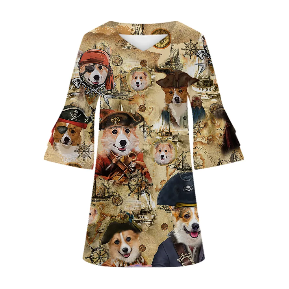 Jumeast Pirate Dog Women Casual Flared Sleeve V-Neck Dress Boston Terrier Pattern Elegant Skirt Tropical Style Vintage Clothing