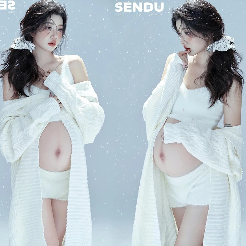 

Женское платье для беременных для фотографии, белый вязаный элегантный топ на бретелях, короткий кардиган, комплект из 3 предметов для беременных для студийной фотосессии