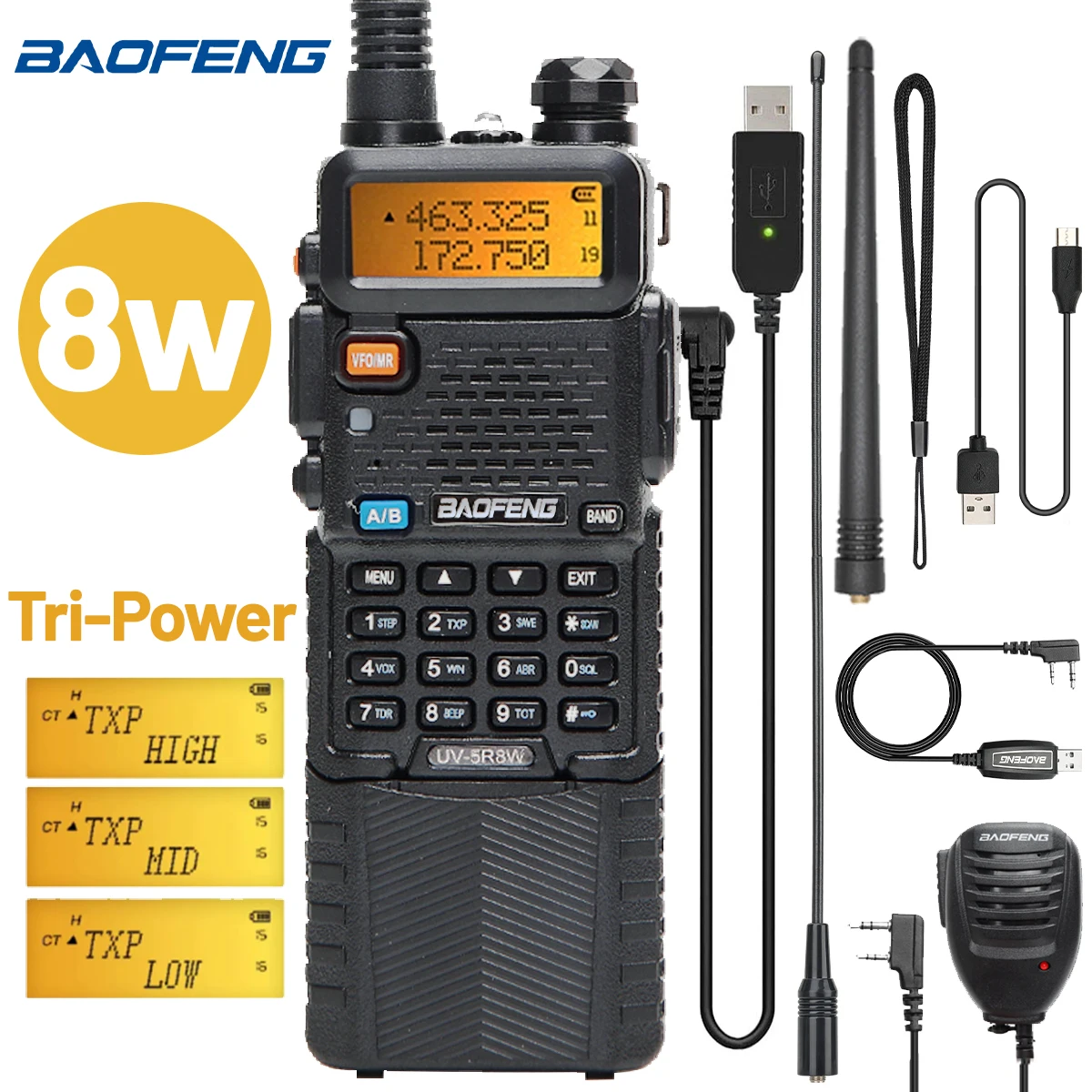 Baofeng UV-5R 3800 무선 송수신기, 트라이 파워 듀얼 밴드 VHF/UHF, 휴대용 장거리 고출력 핸드헬드 CB 햄 라디오, 8W 양방향 통신