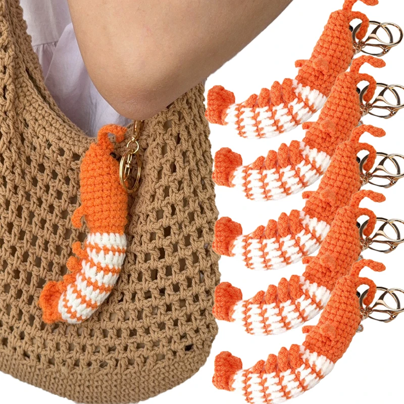 Llaveros con dijes de camarón bonitos a la moda, Mini llavero de coche tejido a mano, mochila encantadora, bolso, colgante de camarón, llavero de pareja