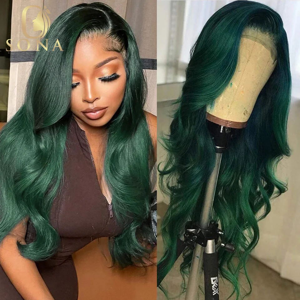 Dark Green Lace Front Wigs For Women Human Hair Pre Plucked 13X6 Transparent Ombre Green Lace Frontal Wig with Roots Colored