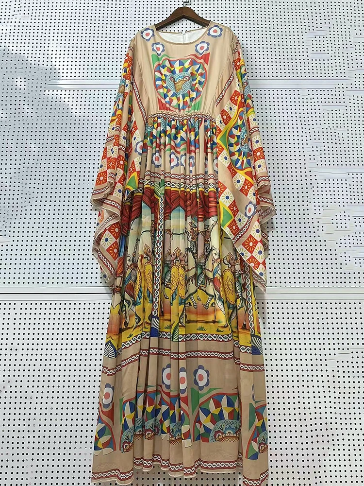 2026 Sommer Damenkleidung Retro Geometrischer Druck Plissiertes Hochtailliertes Pullover-Kleid Modisches Lockeres Swing-Urlaubskleid Tutu-Rock