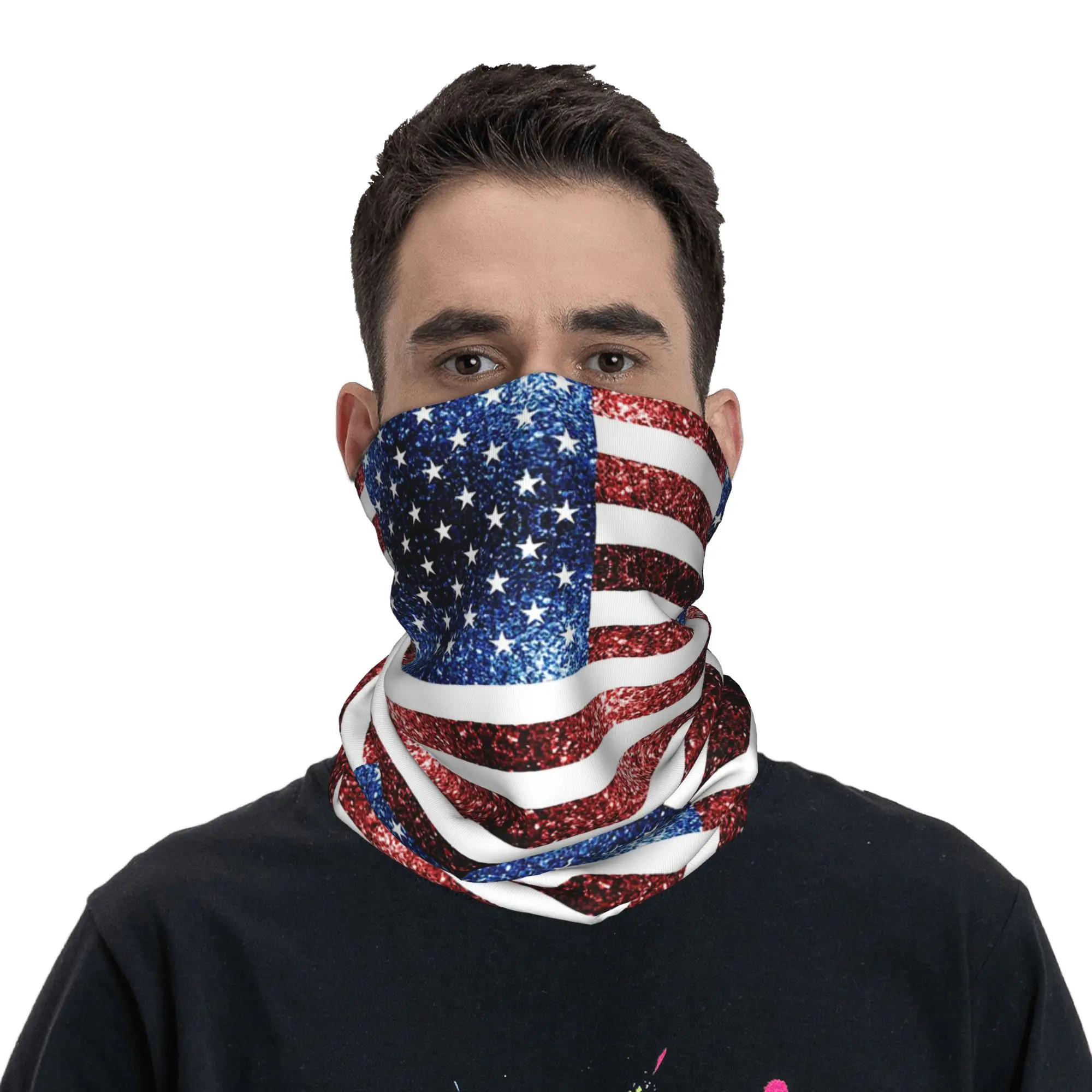 

American USA flag faux sparkles glitters Bandana Neck Cover Printed Mask Scarf Balaclava Running Unisex Adult Breathable