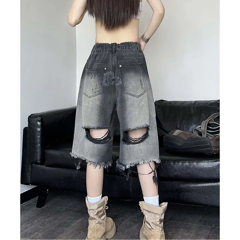 Zomer Dames Streetwear Vintage Gradiënt Jeans Shorts Amerikaanse Retro Hip Hop Gat brekend ontwerp Cowboy vijfkwart denim broek