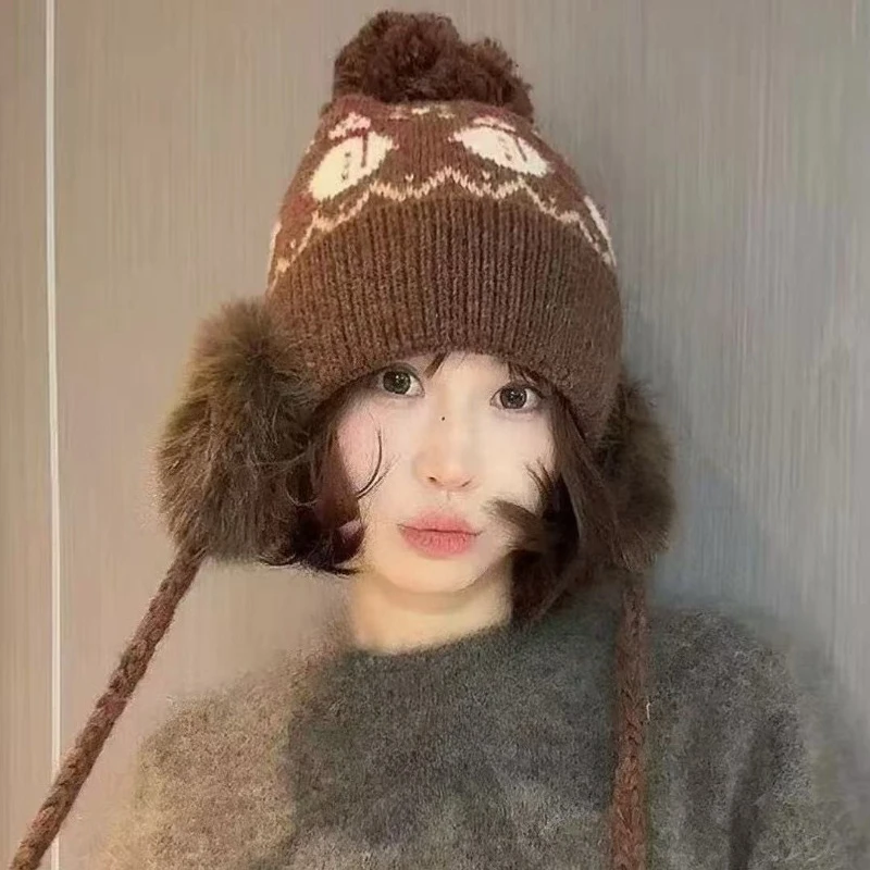 

Lovely Christmas Snowman Jacquard Wool Hat Women's Winter Outdoor Thick Warm Hair Ball Ear Protector Hat