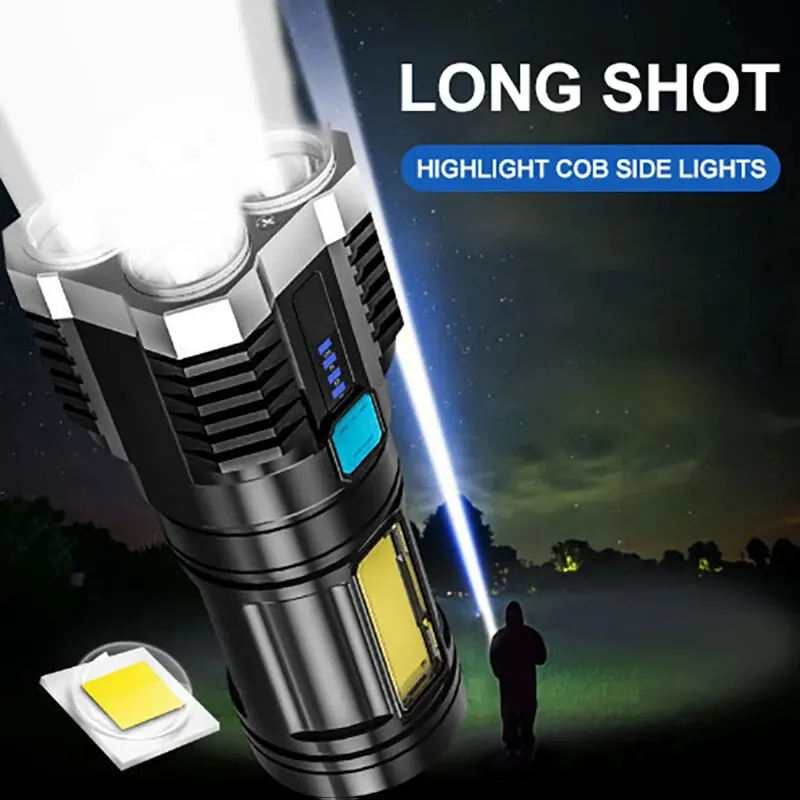 High Power LED Flashlights Camping Torch With 4 Lamp Beads And COB Side Light Rechargeable Portable Hand Lantern 4 Lighting Mode