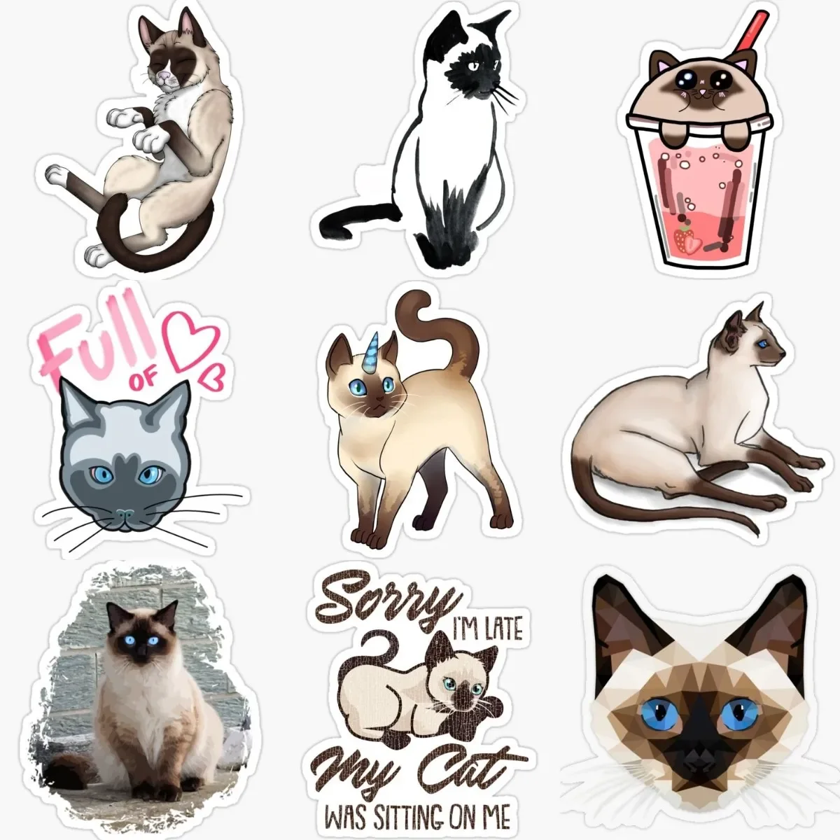 

Cute Siamese Cat Creative Stickers for Decorate Car Wall Bicycle Fridge Truck Van Table Motorcycle Off-road Helmet Camper Bumper