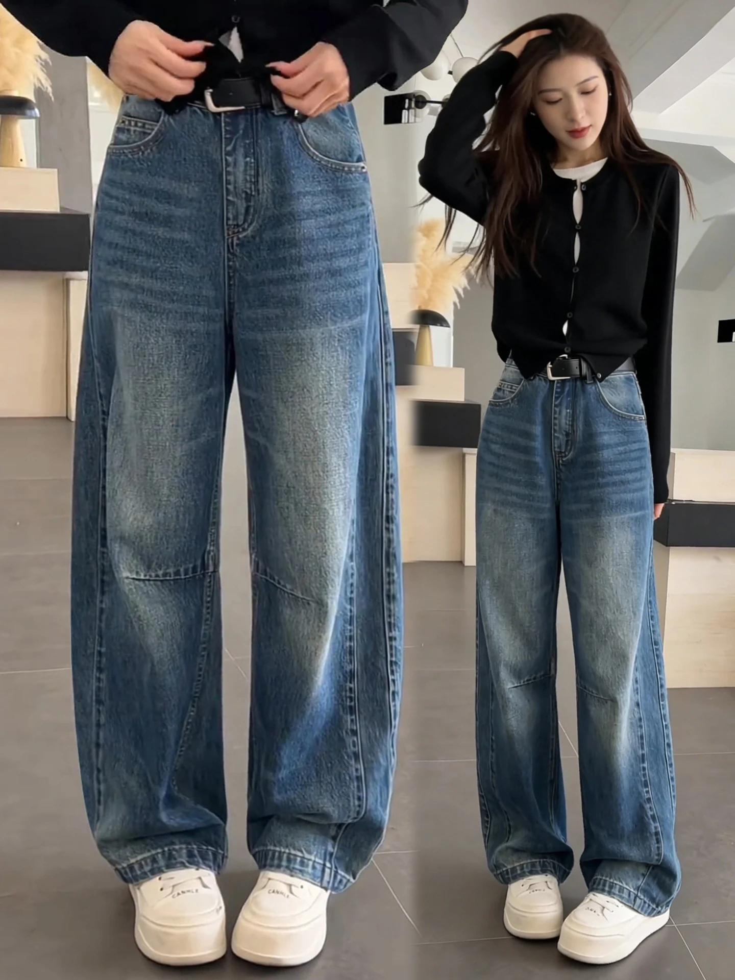 

Джинсы женские с высокой талией, широкими штанинами и эффектом стройности, модель «Серп», весна-осень 2026, новый стиль, винтажные, свободные, прямые