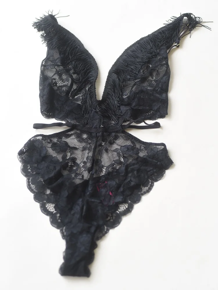 

Sexy Bla Tassel Lace Bodysuit Slimming Tight Underwear Women's Retro See-tough Nightgown High Waist Nylon Fabric