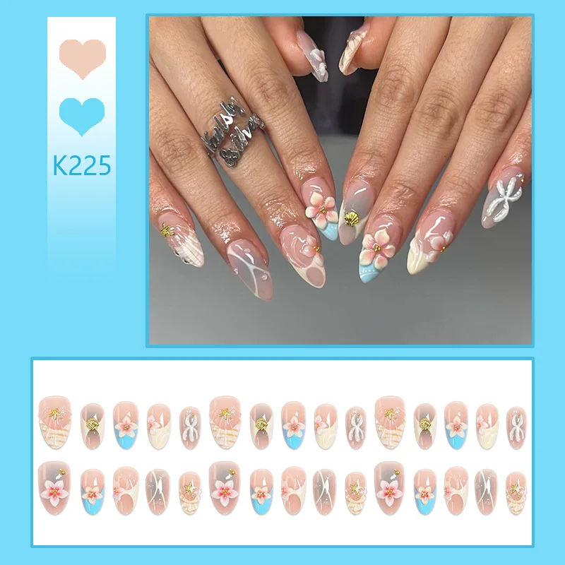 24PCS Sweet Yellow Almond Press on Nails with Glue 3D Carved Pink Flowers Deisgns Fake Nails for Women Blue Shell Seastar Nails