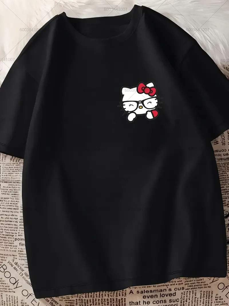산리오 헬로 키티 안경 티셔츠 여성 남성 코튼 오넥 티 커플 오버사이즈 캐주얼 선물 여름 반팔 트렌디 패밀리