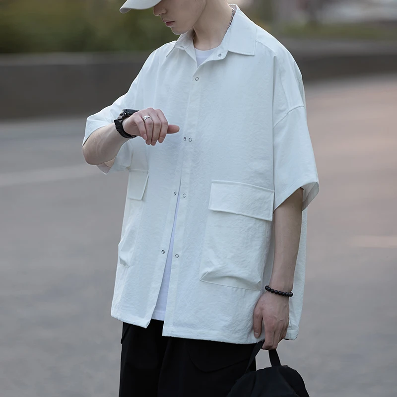 

White Summer Thin Workwear Shirt for Men Youthful Cityboy Style Loose Fit Ice Silk Pocket Detail No Iron Treatment Short Sleeve