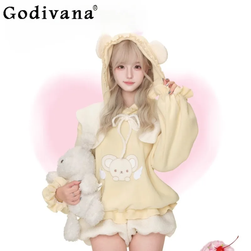 

Women's Sweet Lolita Outfits Cute Sweatshirt with Shawl and Yellow Plush Shorts Suits Female Japanese Style Hoodies Set