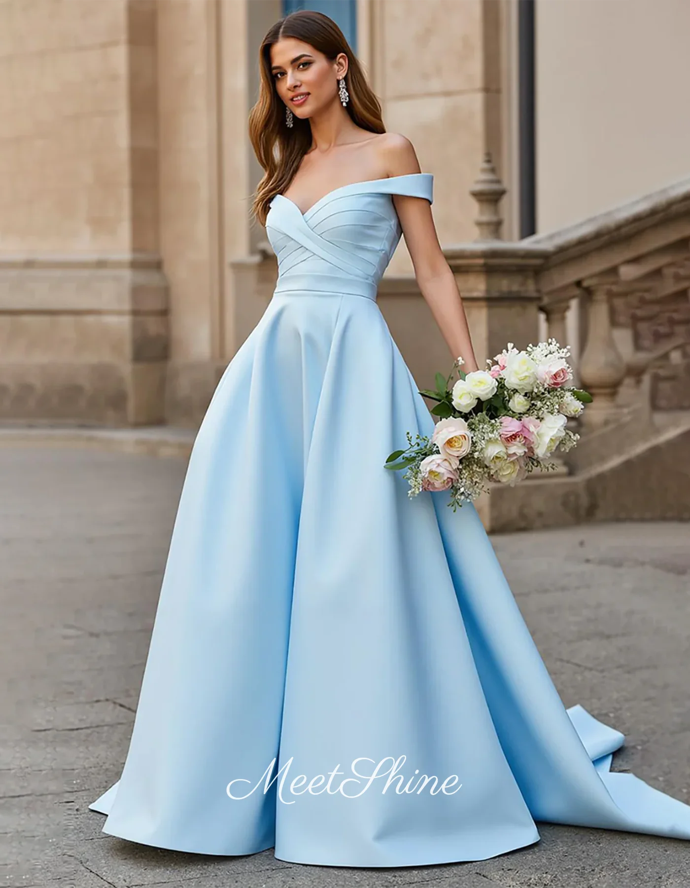 Abito da sera a trapezio con spalle scoperte azzurro cielo Abito da ballo formale da sposa in raso con scollo a cuore sexy senza schienale personalizzato