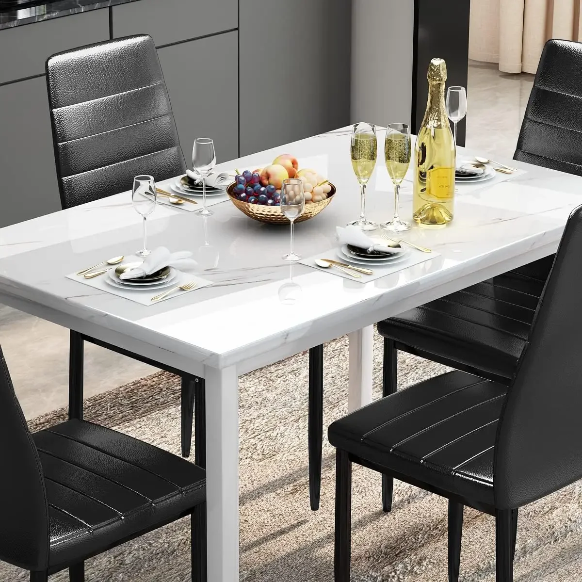 NEW 5 Pieces Dining Table Set for 4 with Faux Marble Top and Leather Upholstered Chairs, White+Black USA image 4