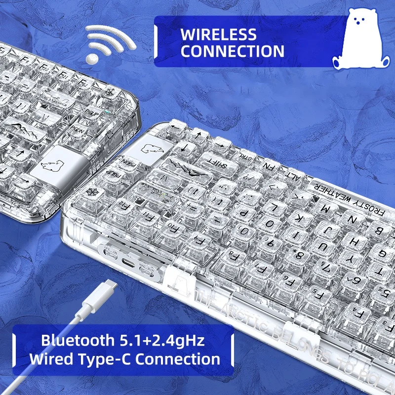 【 Direct delivery from stock 】CoolKiller CK75 Wireless Transparent Gasket Mechanical Keyboard-Polar Bear
