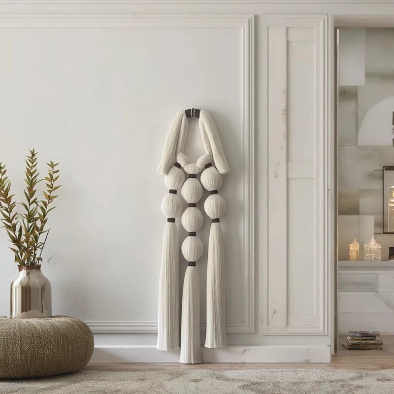 

Handmade Macrame Wall Hanging with Ball Tassels Nordic Boho Woven Tapestry Modern Home Decor for Living Room Bedroom