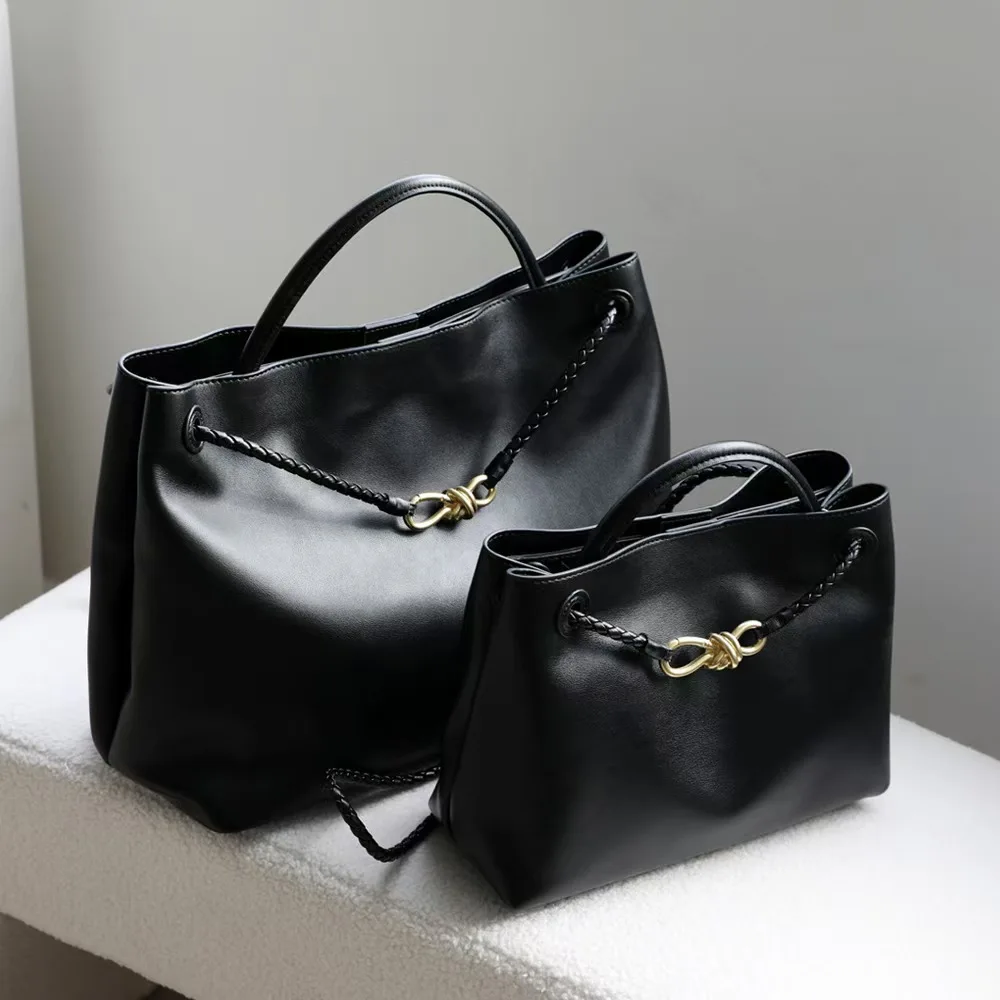 real leather material women's bag with metal bow decoration hand-held large capacity cowhide leather shoulder tote bag