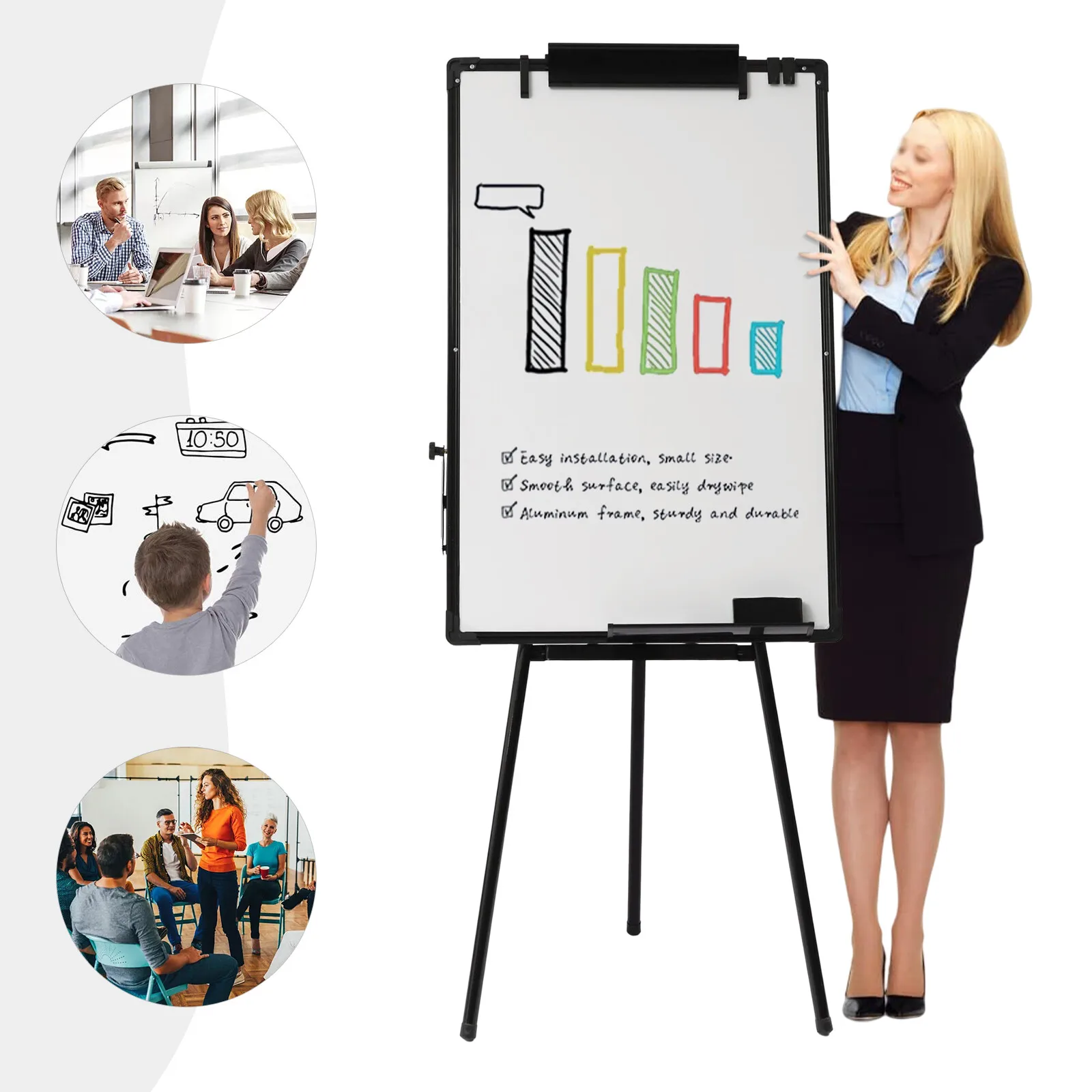 36*24In Large Writing Area Whiteboard Adjustable Height (38.19-62.2In), Magnetic Surface & Stretch Clip For Versatile Use