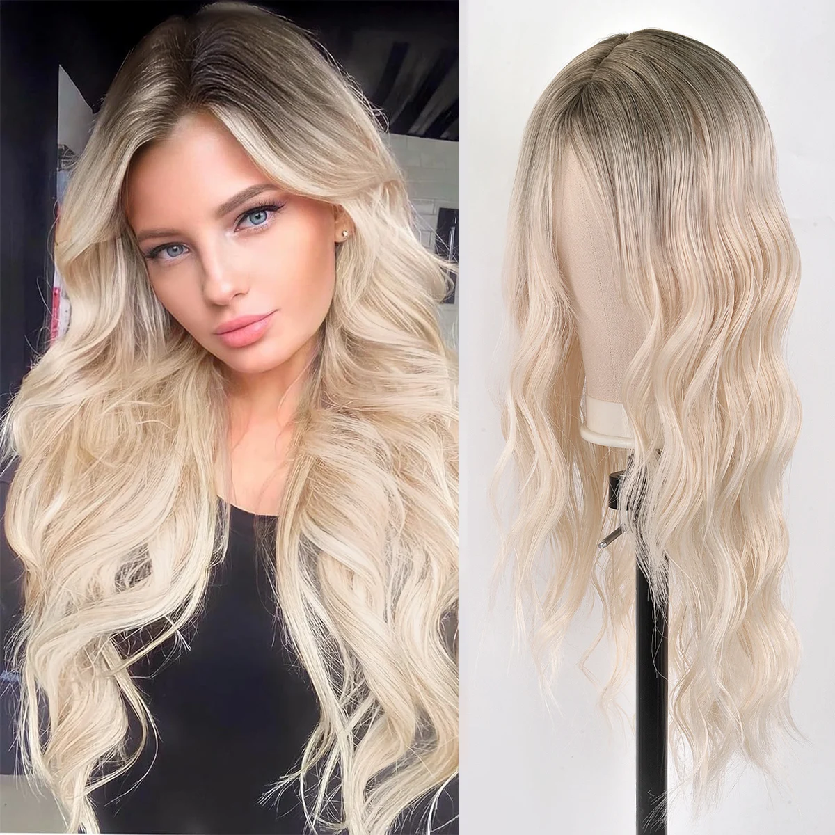 

26-дюймовый длинный пепельно-русый парик для женщин, блондинка с омбре, мелированные парики, синтетический кружевной парик со средней частью для повседневного использования на вечеринке для косплея