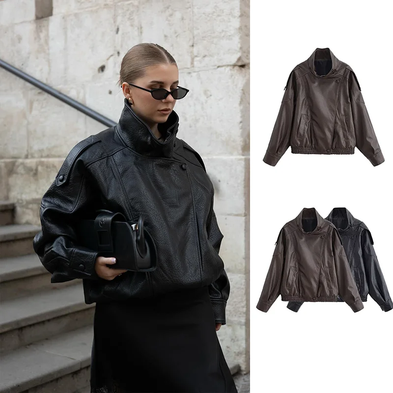 

HH Street Fashion Black Leather Jacket For Women Long Sleeves Elasticated Hem With Zipper Pockets 2025 Autumn Retro Loose Coats