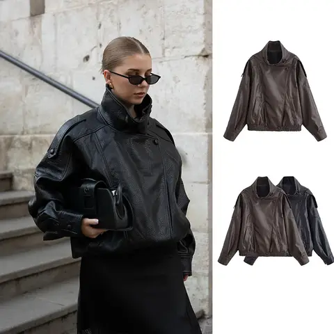 HH Street Fashion Black Leather Jacket For Women Long Sleeves Elasticated Hem With Zipper Pockets 2025 Autumn Retro Loose Coats