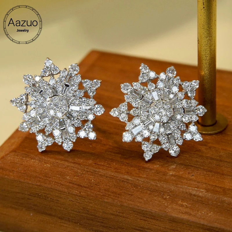 Aazuo 하이 퀄리티 진짜 다이아몬드 주얼리, 1.34ct 18K 화이트 골드 스노우 플라워 스터드 귀걸이, 여성용 선물, 웨딩 파티 Au750