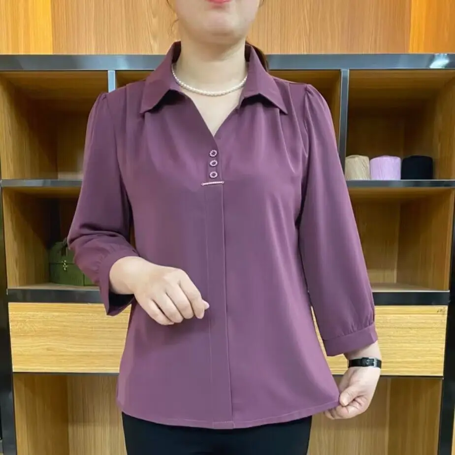 

Loose Silk Blend Shirt Women's Autumn Fashion Nine Sleeve T-Shirt Pure Color Overhead Button Design Comfortable Fit Ladies Top