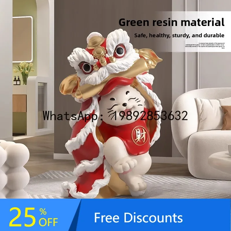 

CZ Modern Living Room Large Floor Ornament National Trend Lion Awakening Fortune Cat Figurine Sofa TV Cabinet Side Entrance