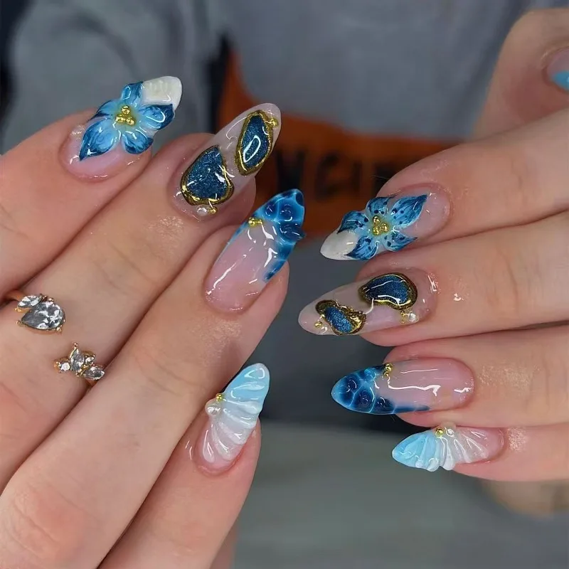 24PCS Blue Ocean Almond Press on Nails Sweet 3D Flower Shell French Golden Patterns False Nails for Women with Pearl Fake Nails