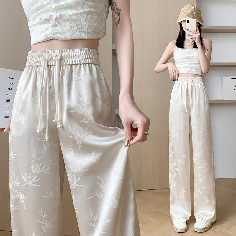 New Chinese National Style Satin Jacquard Wide-leg Pants Women's Spring Summer 2024 New High-waisted Slim Casual Mopping Pants