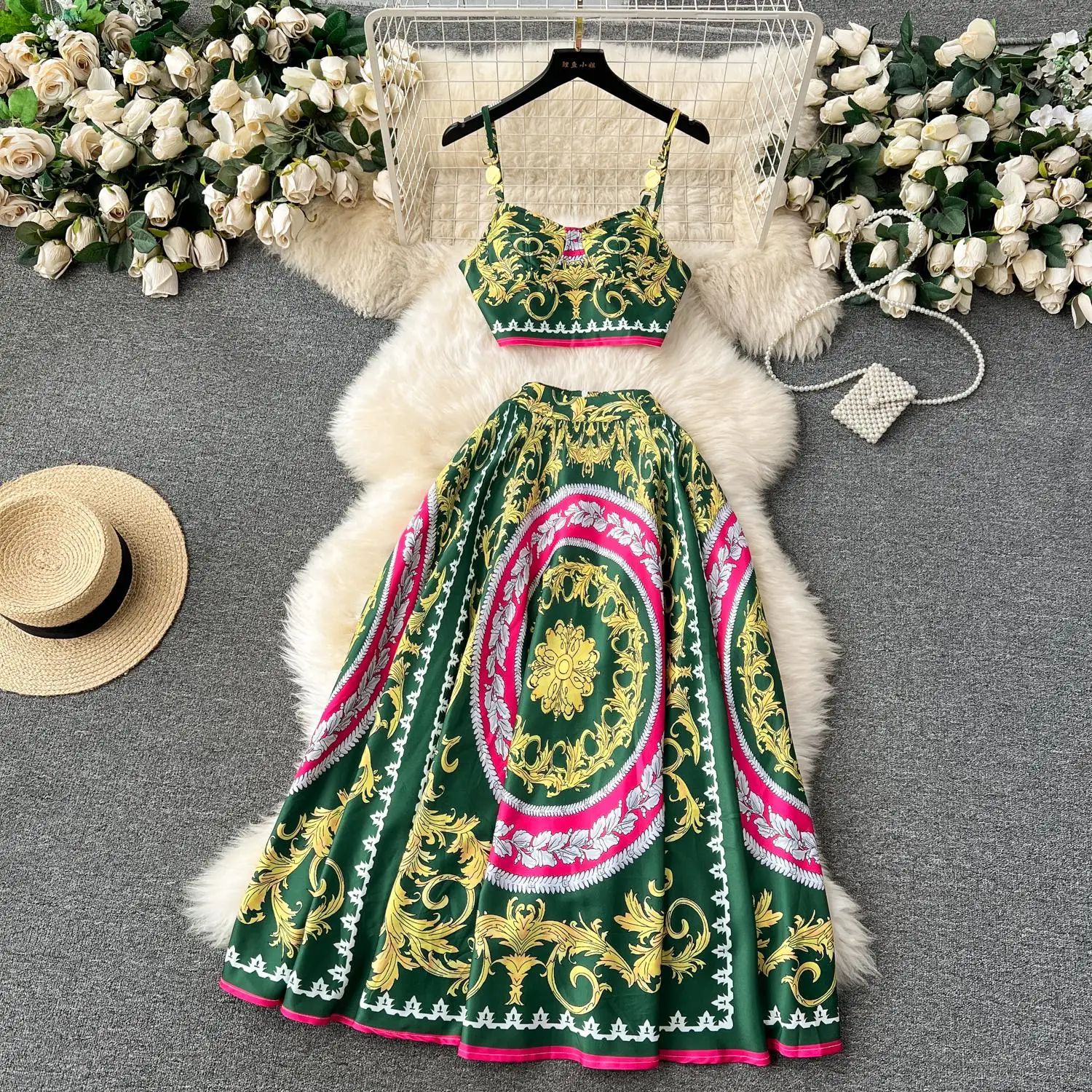 

Spaghetti Strap Crop Tops Skirts Suit For Women Summer Two Pieces Sets Beach Vacation Baroque Print Maxi Skirt Boho Sets