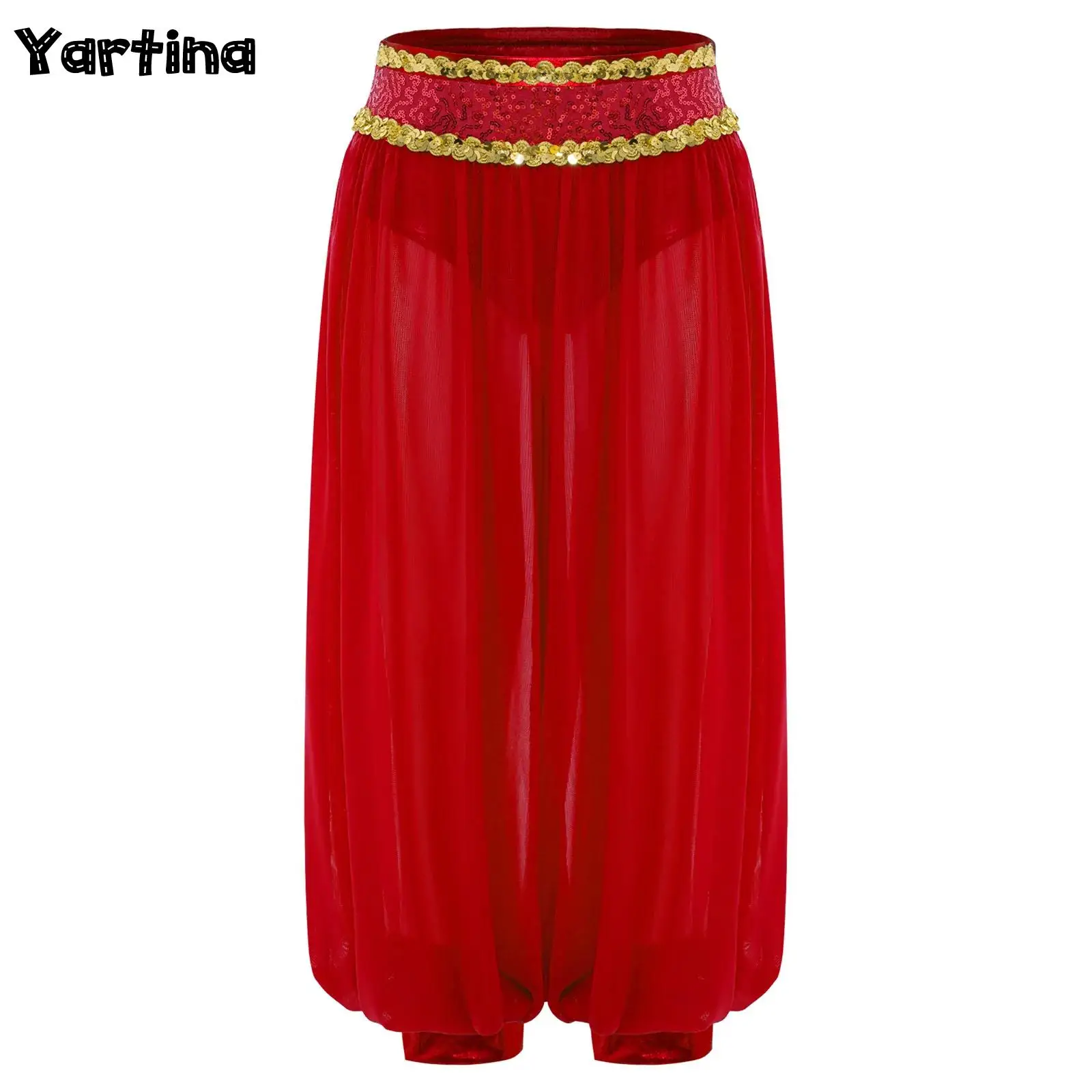 Kinder Mädchen Bauchtanz Performance Kostüm Glänzende Pailletten Hosen Reißverschluss Sheer Mesh Pumphose Halloween Thema Party Hose
