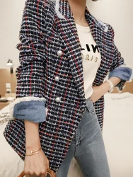 Fashion Elegant Women Tweed Outwear Casual Retro Plaid Double Breasted Pearl Button Lady Femme Mujer Autumn Winter Coat Jacket