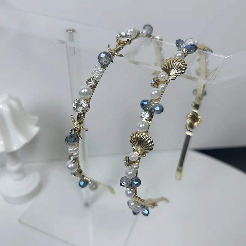 

Blue Gemstone Gold Shell Headband Set Starfish And Shell Accents With Dreamy Crystals Pearls For Summer Beach And Mermaid Looks