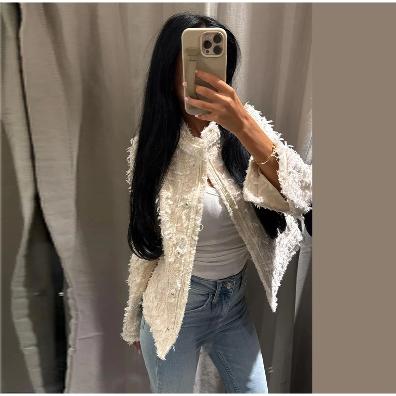 Damenmäntel mit Quasten, Rollkragen, Langarm, Einreihig, Tailliert, Frühlings- und Herbstjacken, Neuer Tweed-Mantel für Damen – Detail 9